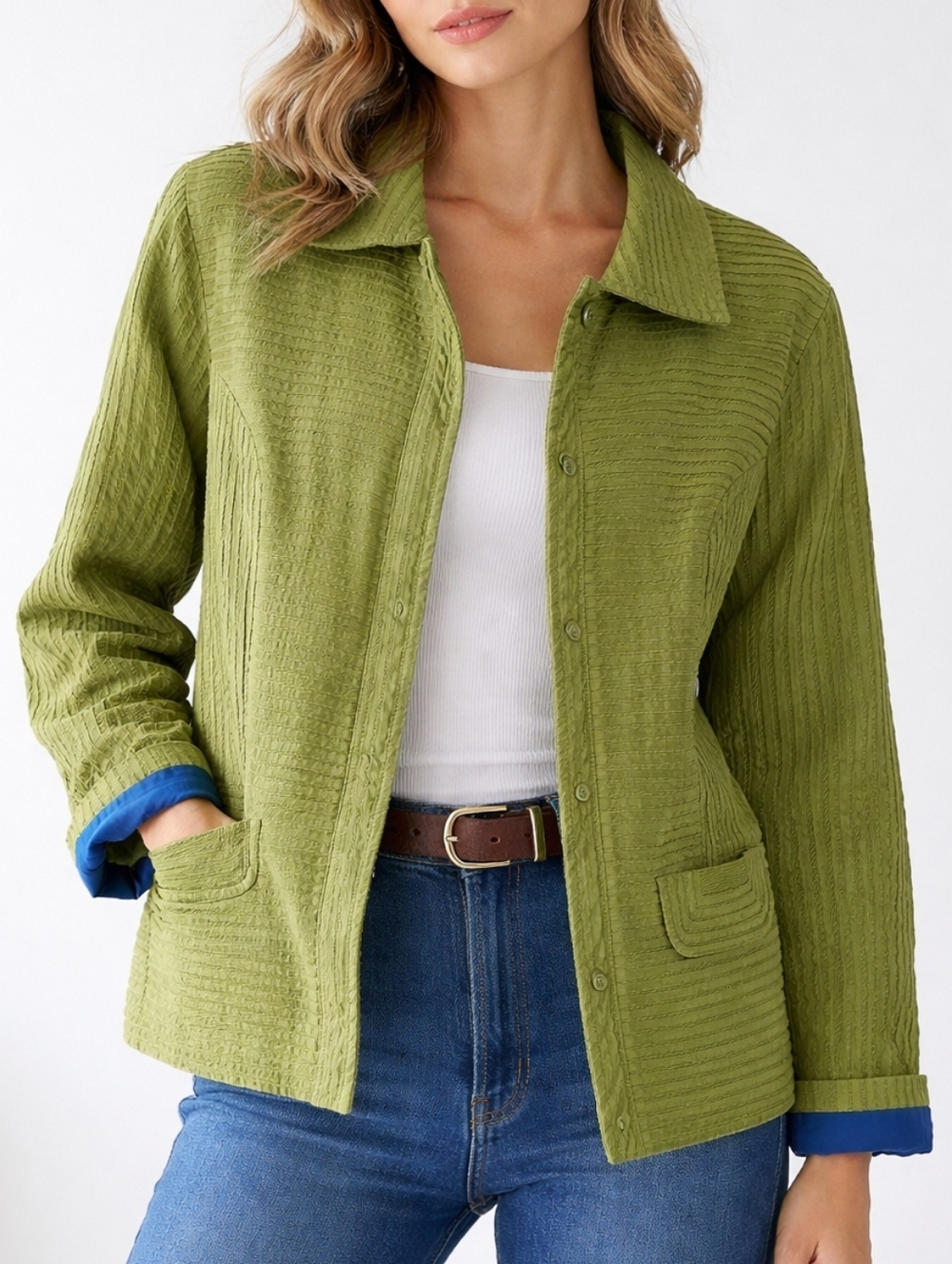 Chico’s Textured Green Jacket Size 2 Small Cropped Stretch Chic Y2K